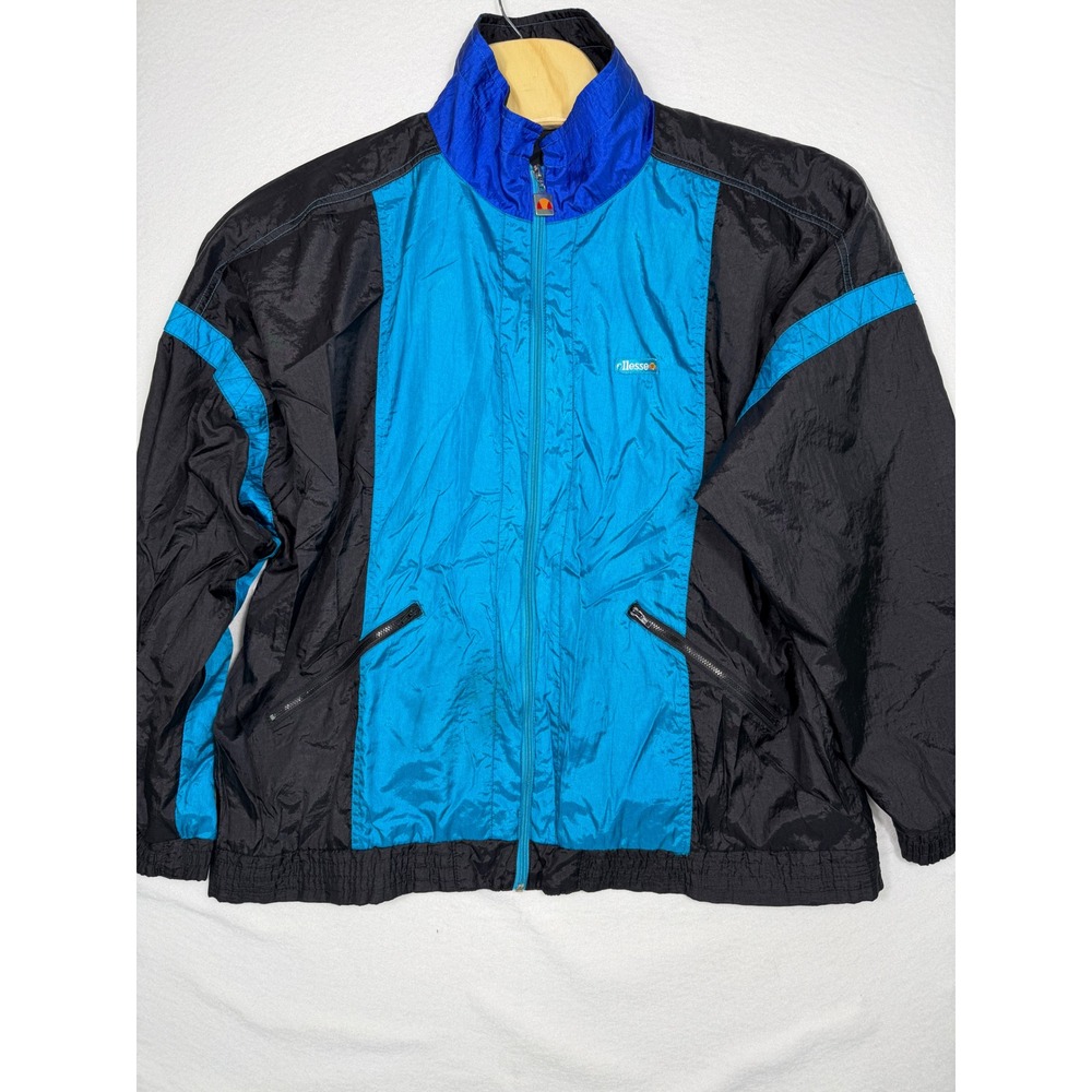 Ellesse Vintage Windbreaker Jacket Womens 8 Black Blue Teal 90s Colorblock Zip